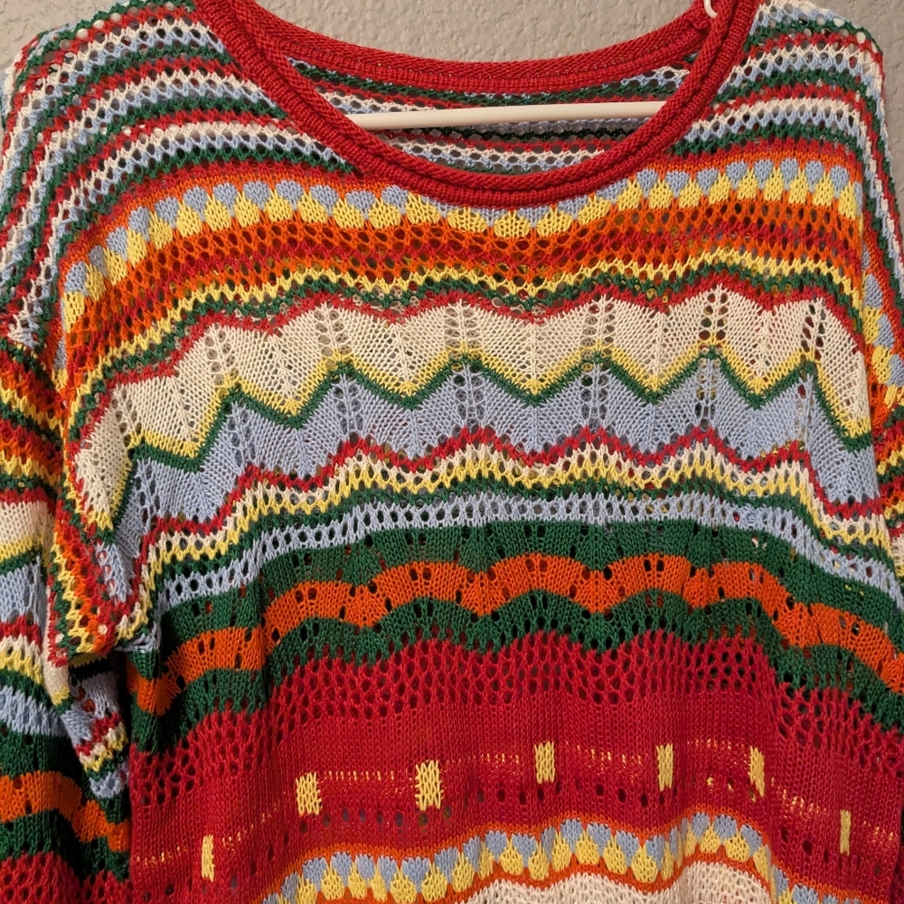 NEW Red Rainbow Multicolor Striped Hollowed Knit Women's Sweater Loose Sleeve M - Picture 6 of 7